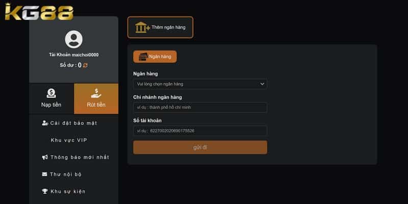 Người chơi liên kết ngân hàng rút tiền KG88